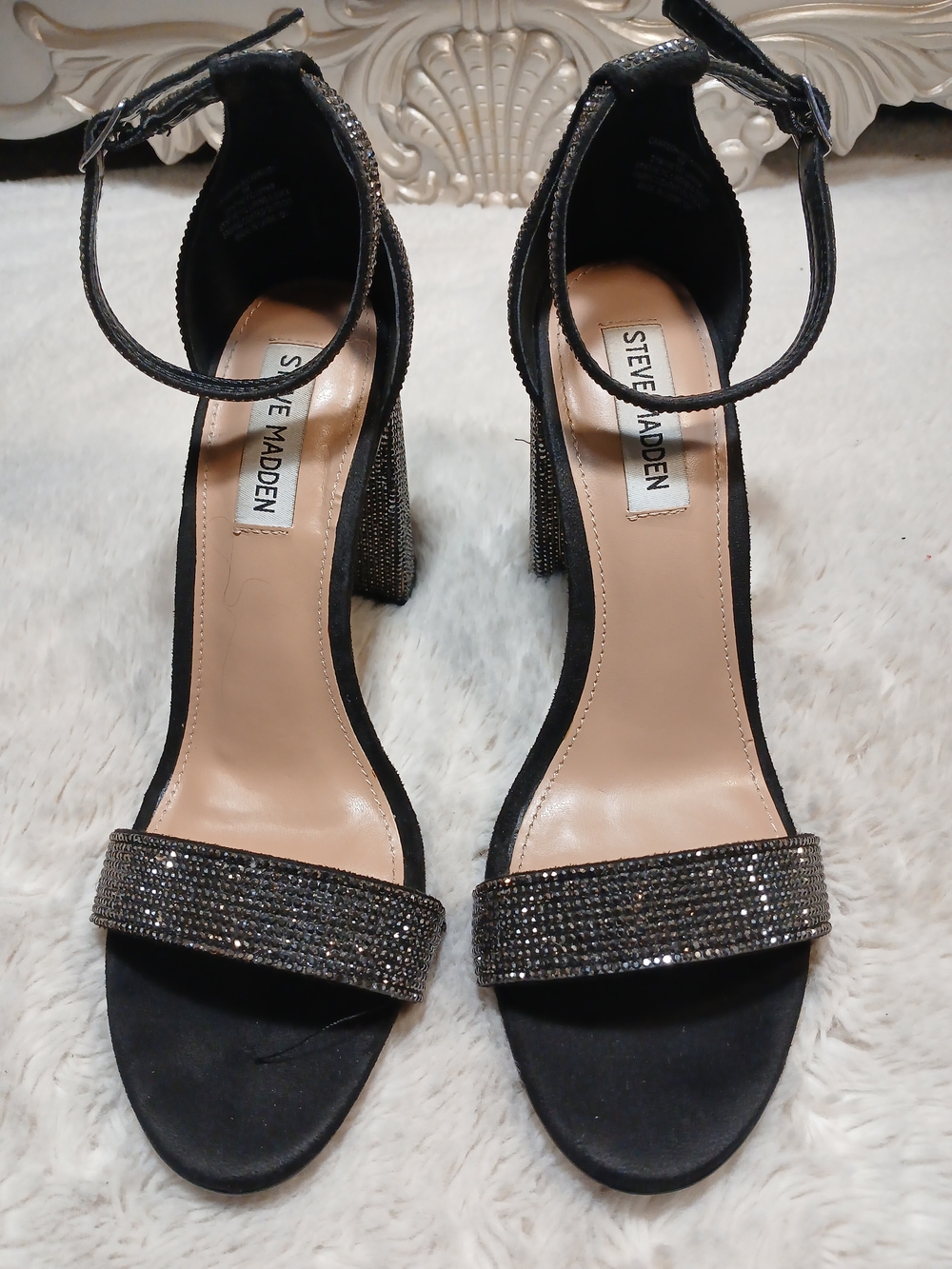 🩷Bundle🩷Steve Madden Black Rhinestone Ankle Strap heels +Black Clutch - Picture 3 of 16